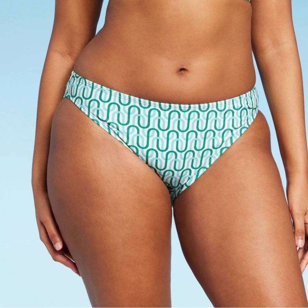 KONA SOL NWOT WOMENS LARGE GREEN & BLUE WAVEY BIKINI BOTTOMS GROOVY RETRO